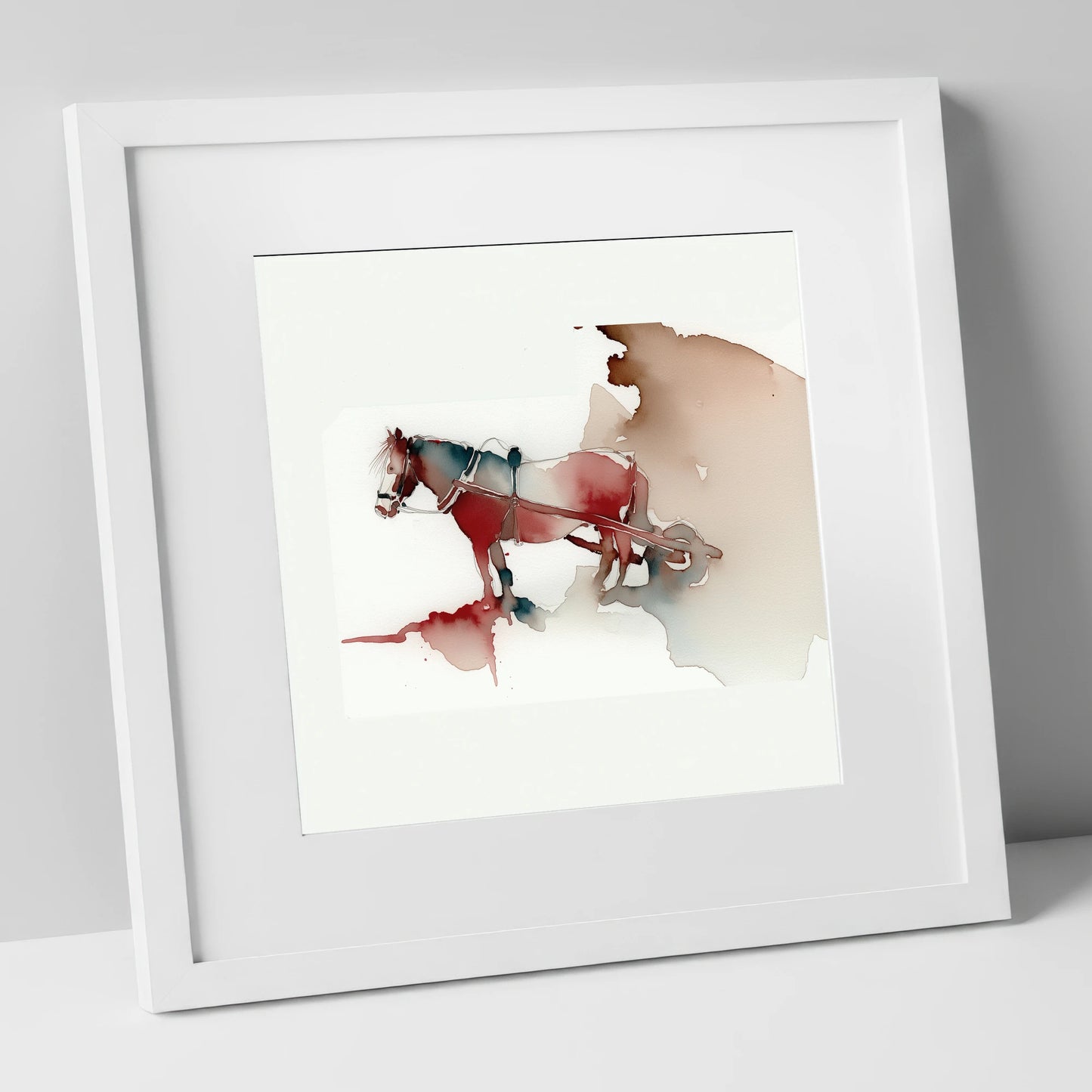 Crimson Draught in Harness working horse art print in white frame