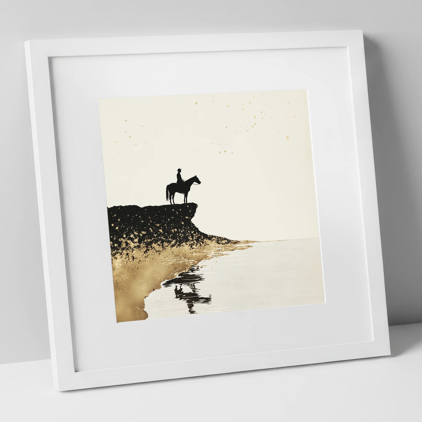 Golden Shores Silhouette beach horse art print in white frame