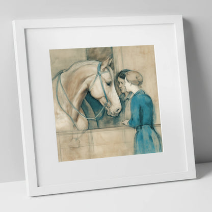 A Gentle Exchange horse & rider art print in white frame