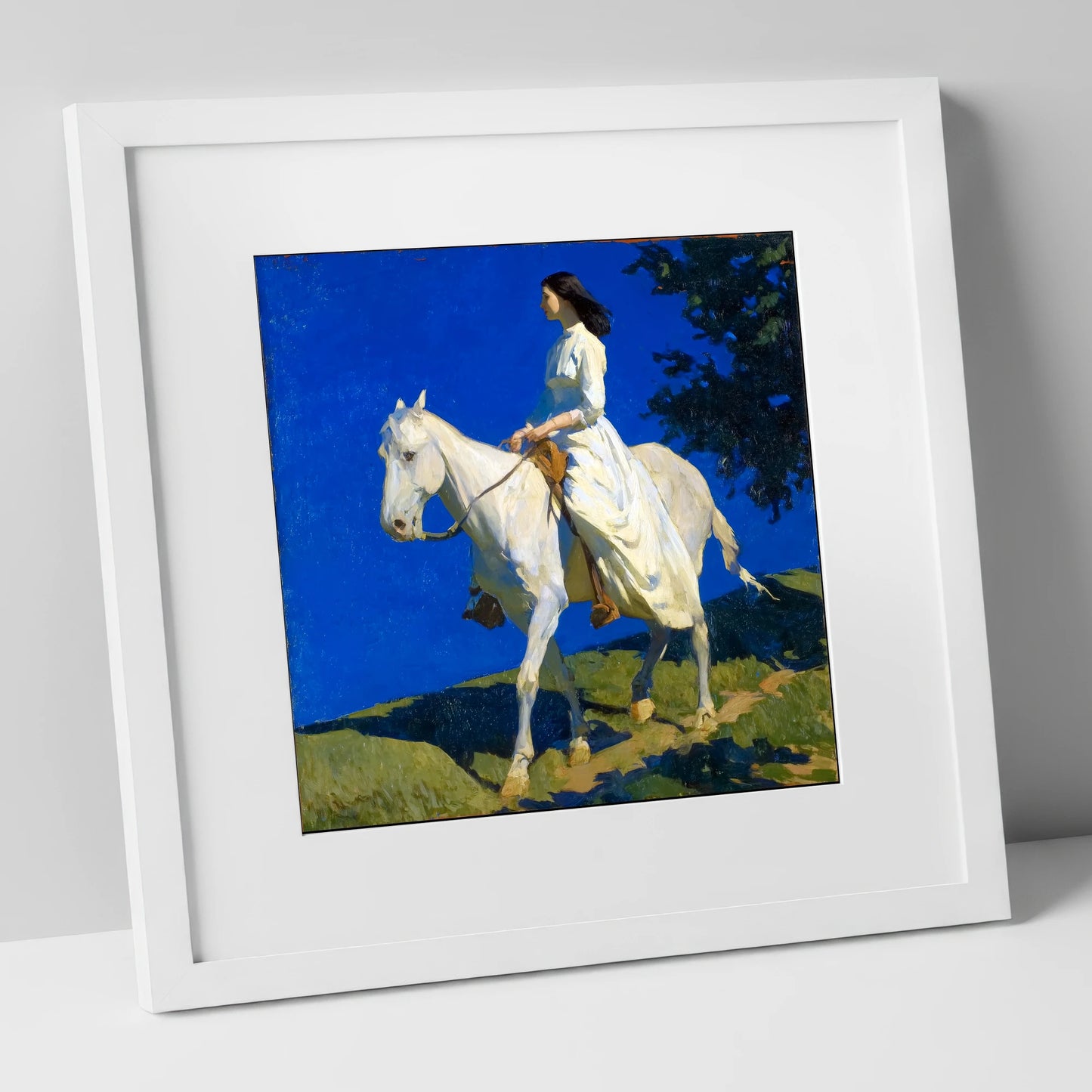 Grace Beneath Azure Skies horse & rider art print in white frame