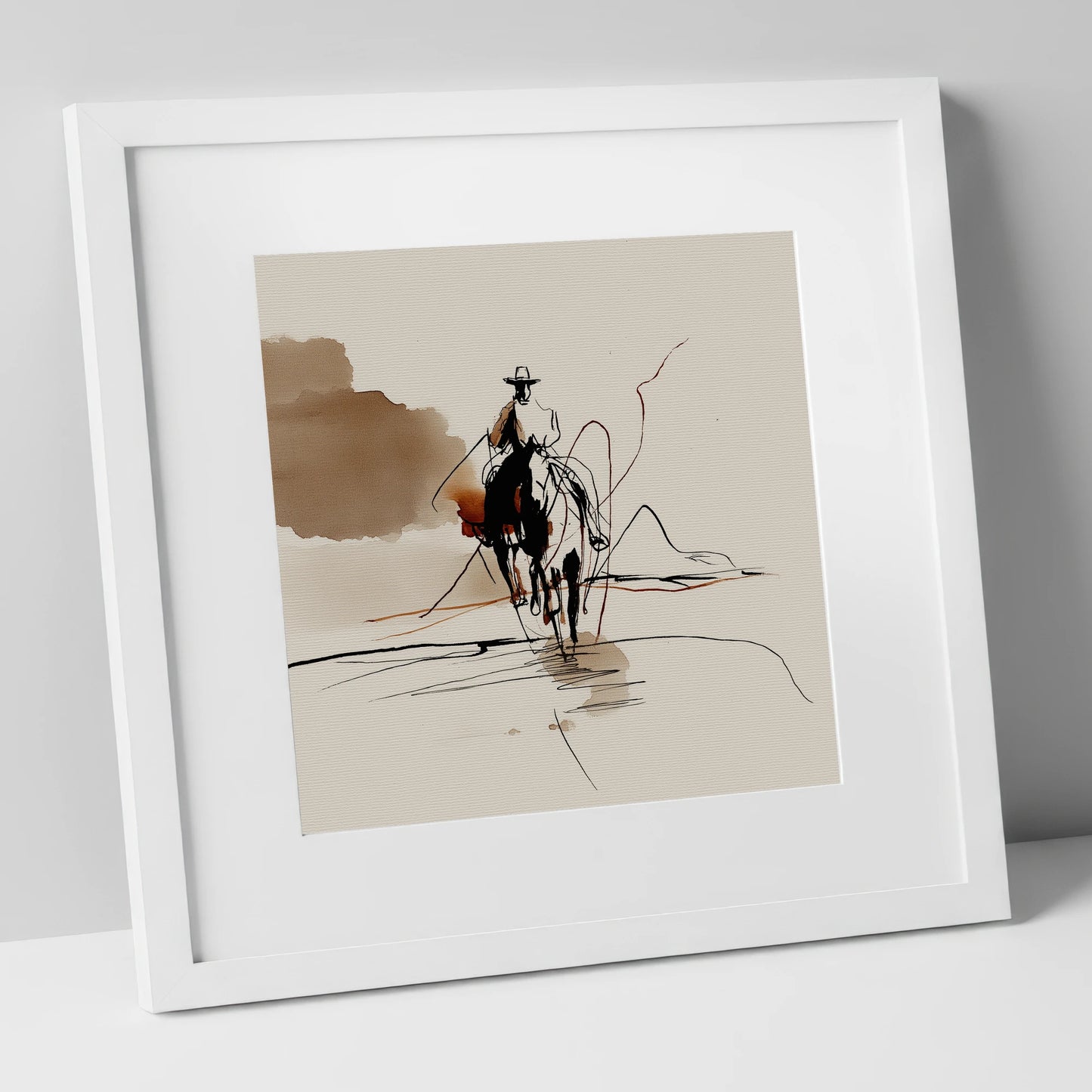 The Lone Rider western horse art print in white frame