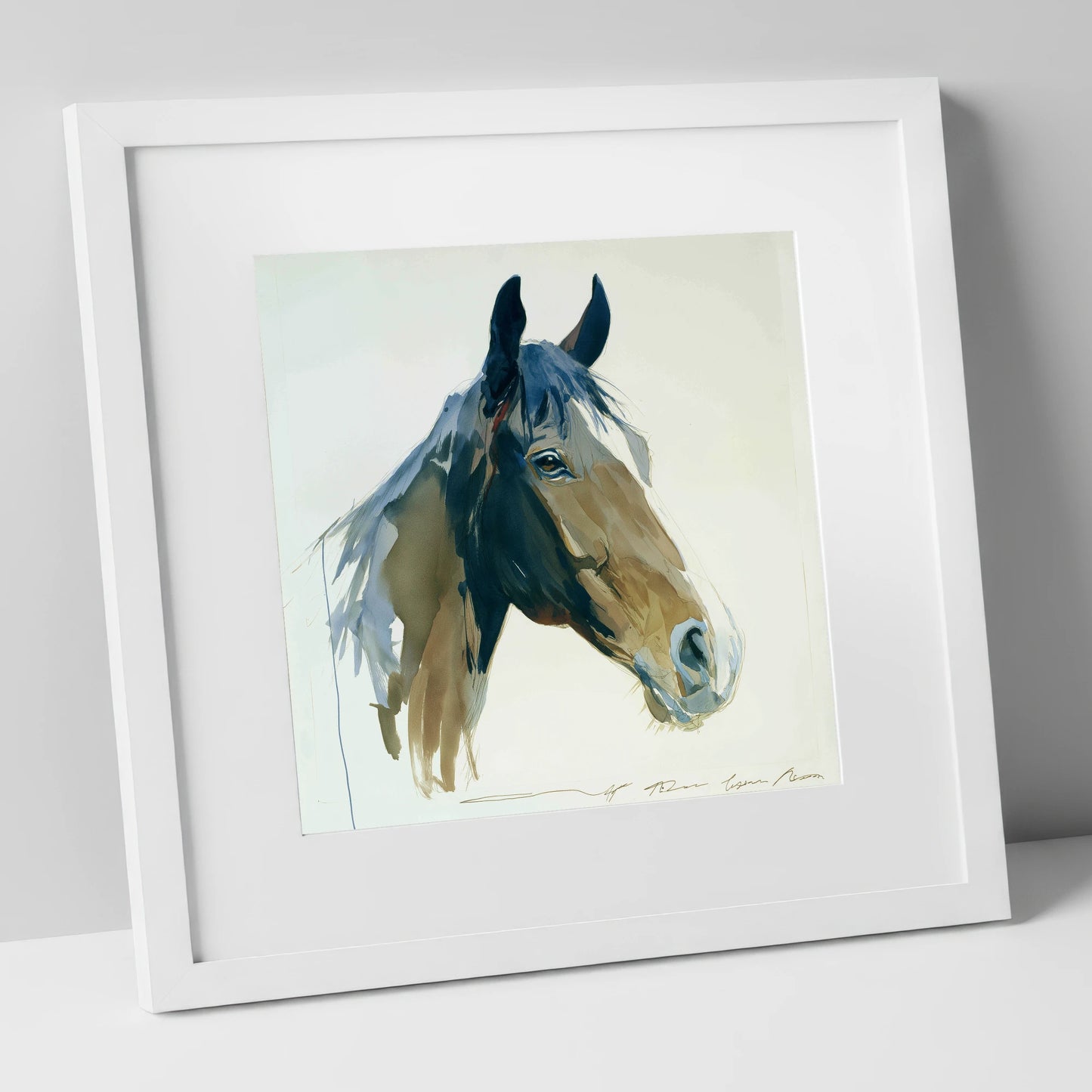 Indigo Wash Bay Portrait horse portrait art print in white frame