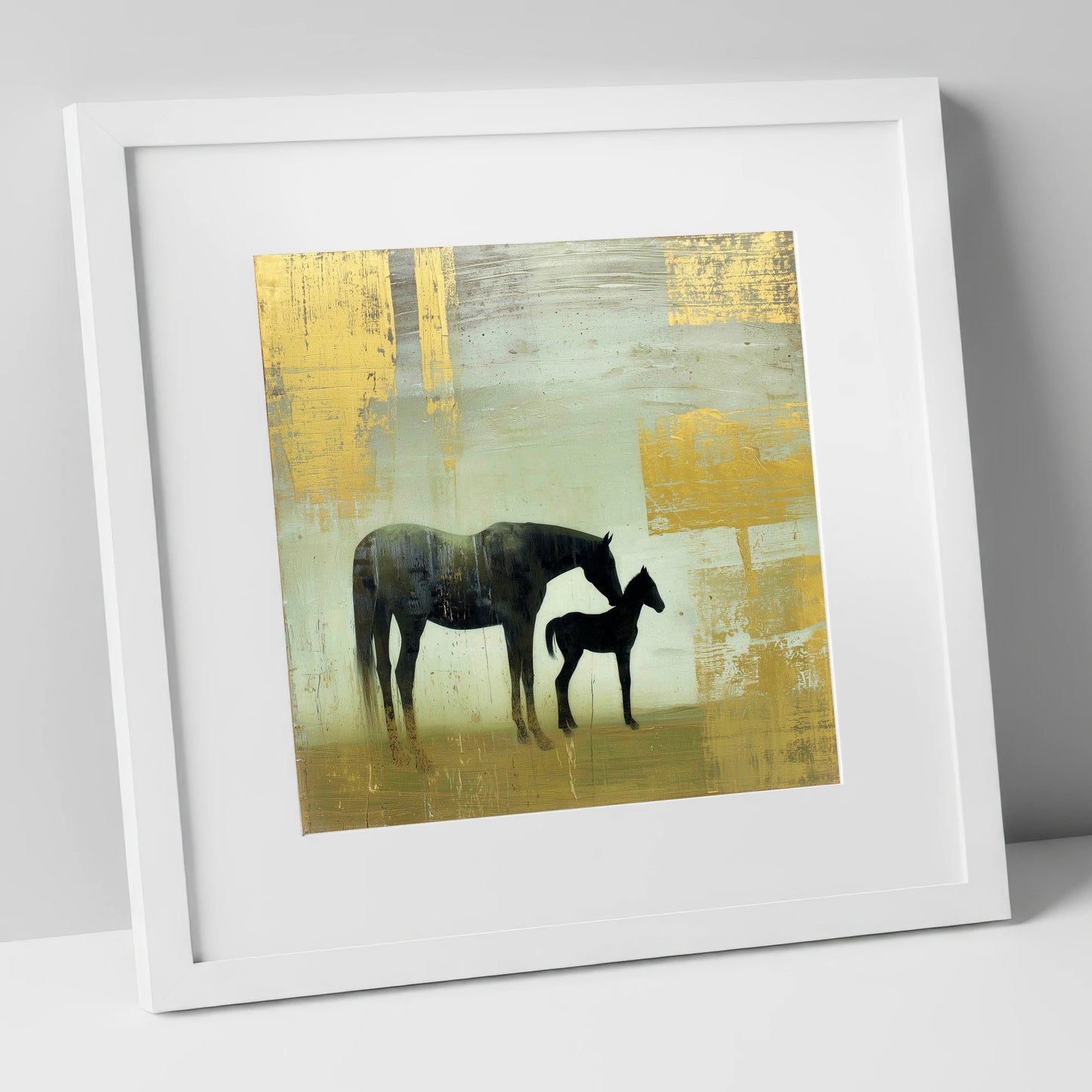 Gilded Maternal Bond mare & foal art print in white frame