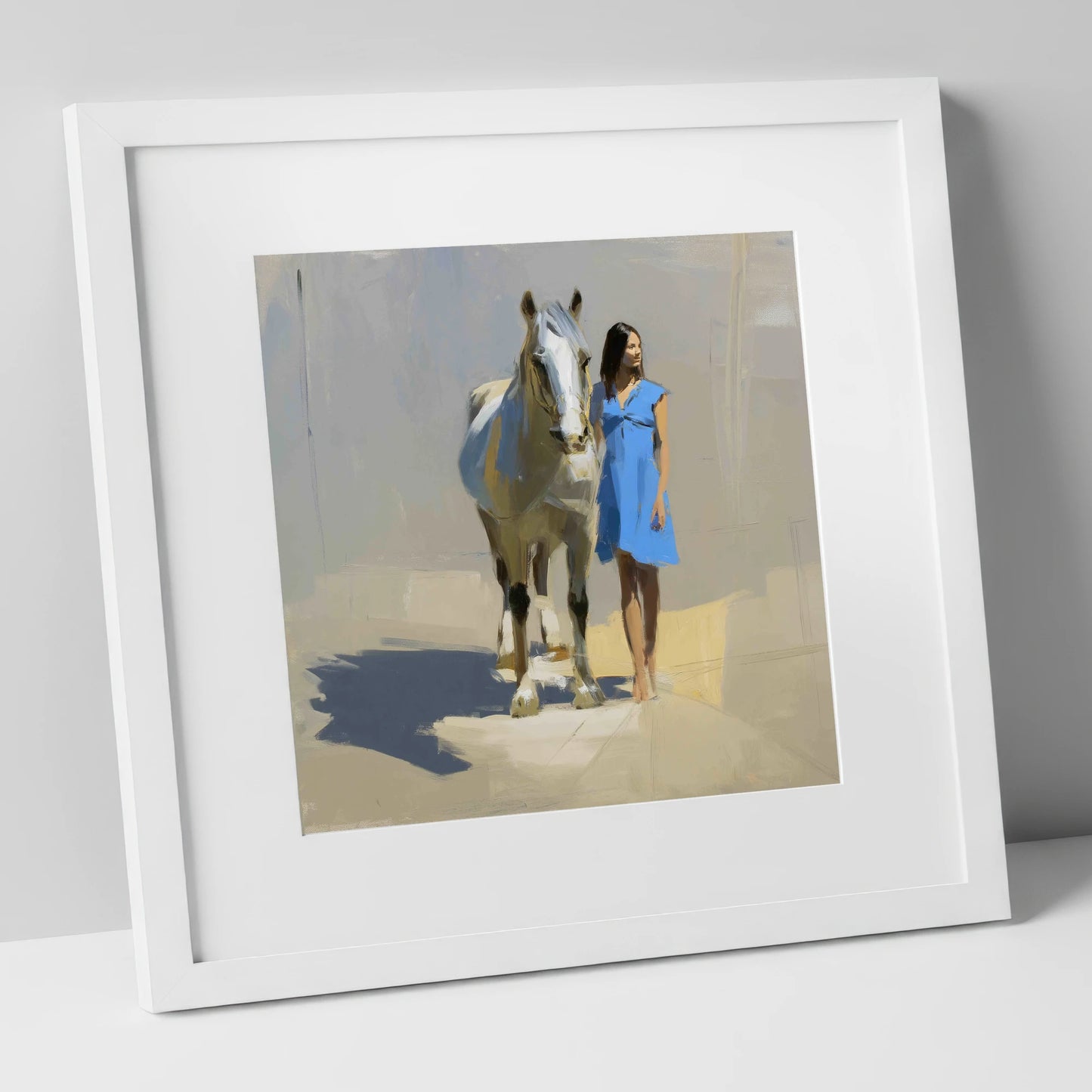Sunlit Serenity horse & rider art print in white frame