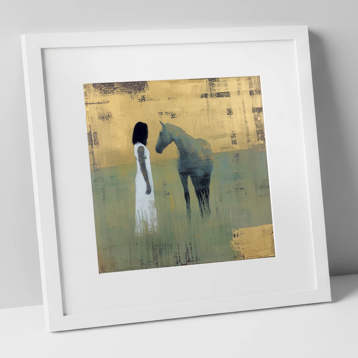 A Quiet Connection horse & rider art print in white frame