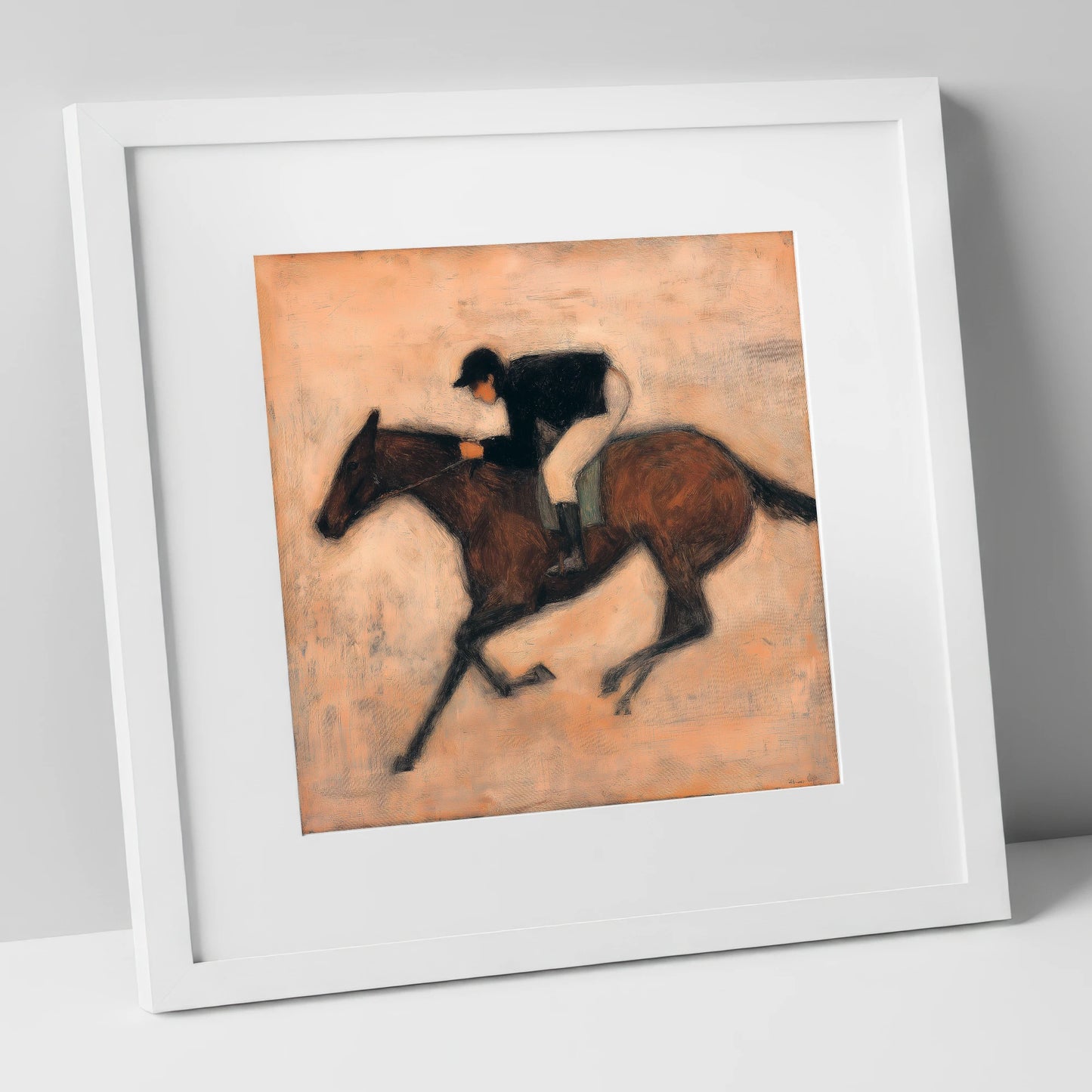 Flight of the Bay racing horse art print in white frame