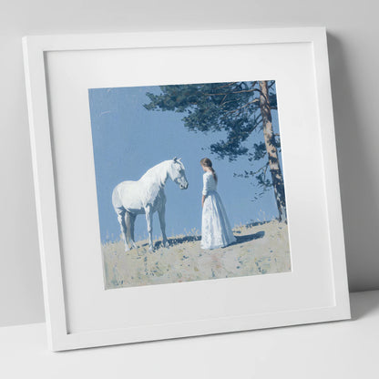 Beneath the Summer Pine horse & rider art print in white frame