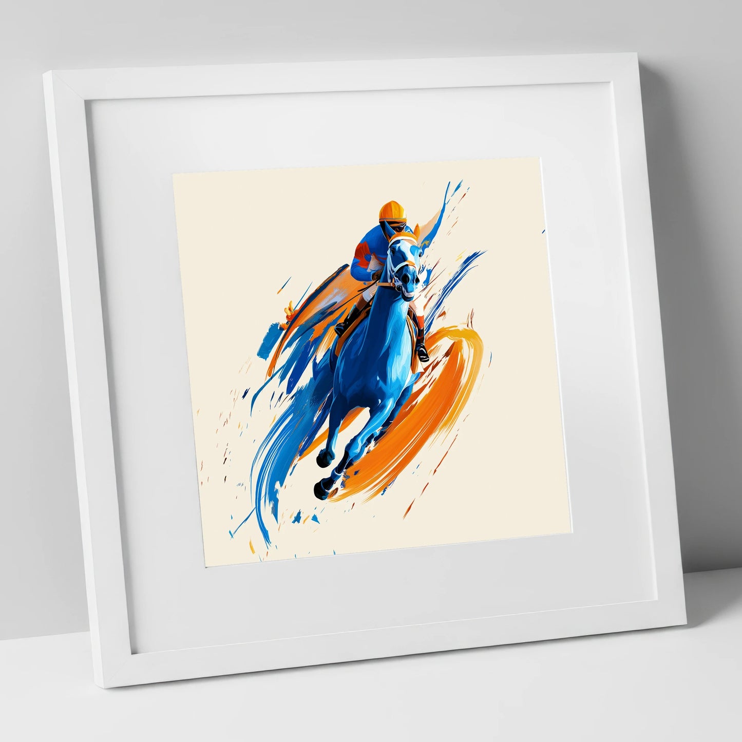 Electric Pace racing horse art print in white frame