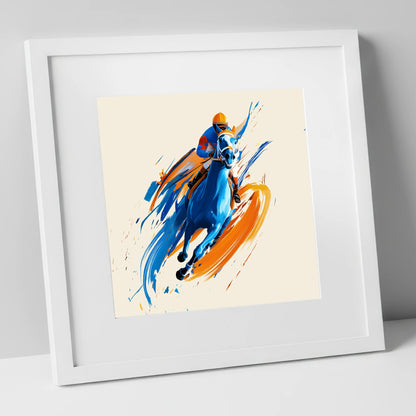 Electric Pace racing horse art print in white frame