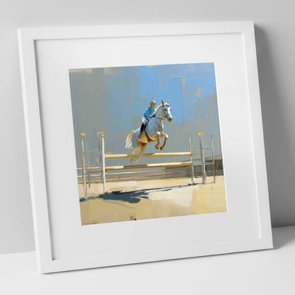Sunlit Flight show jumping horse art print in white frame