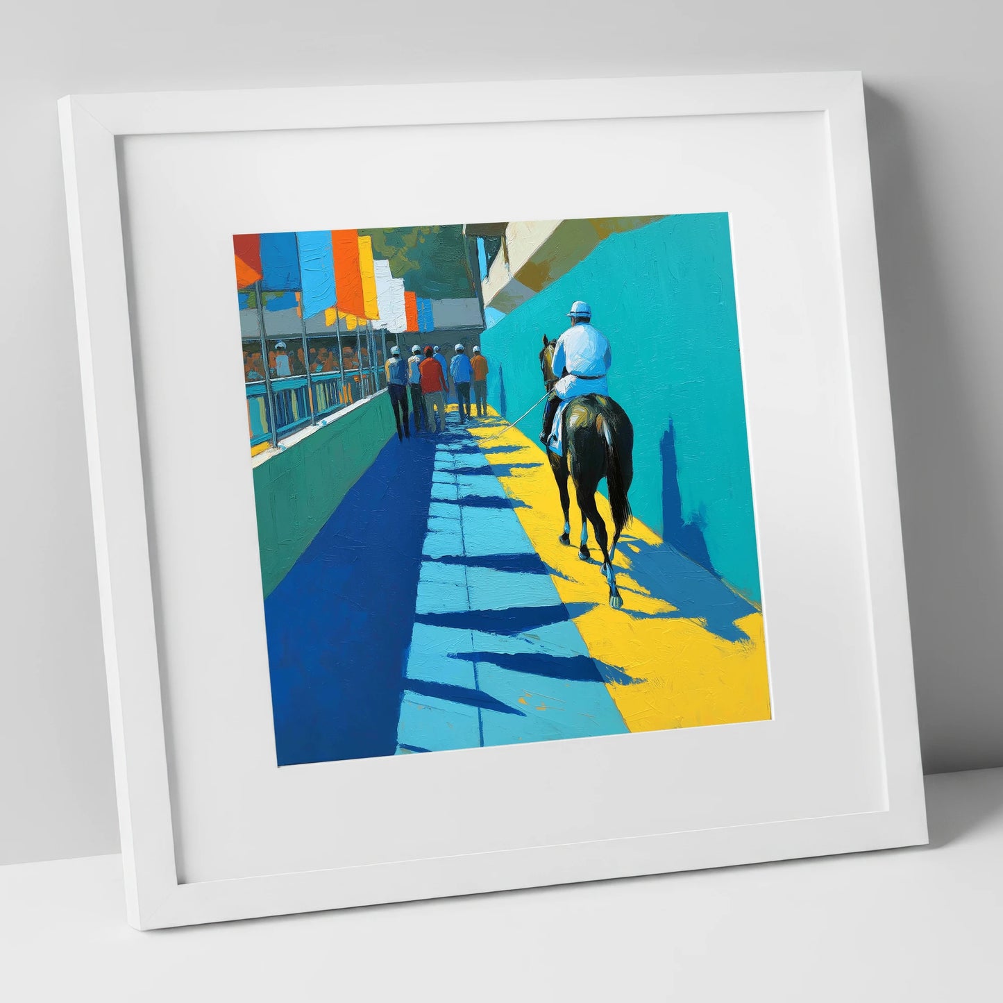 Walk to the Start racing horse art print in white frame