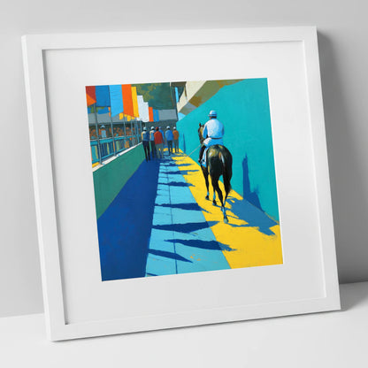 Walk to the Start racing horse art print in white frame