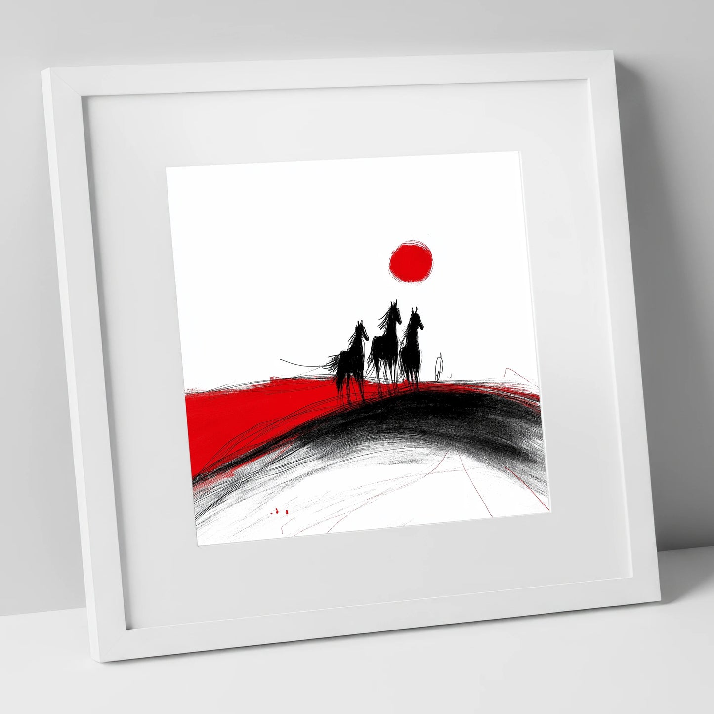 Crimson Sun Silhouettes horse landscape art print in white frame