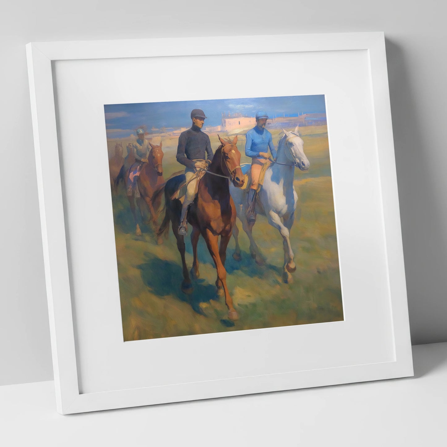 The Dawn String racing horse art print in white frame