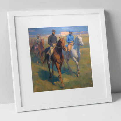 The Dawn String racing horse art print in white frame