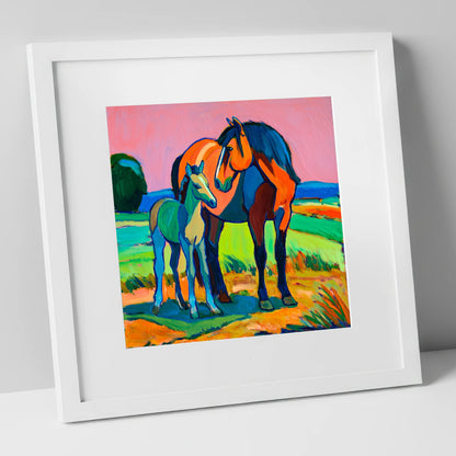 Vivid Bonds mare & foal art print in white frame