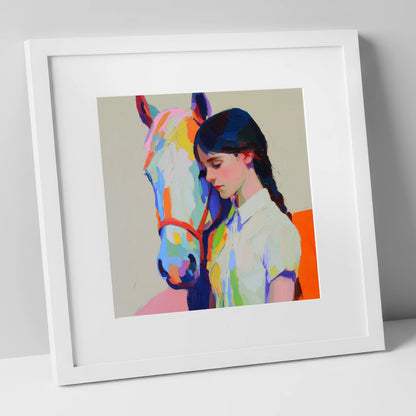 Vibrant Bond horse & rider art print in white frame