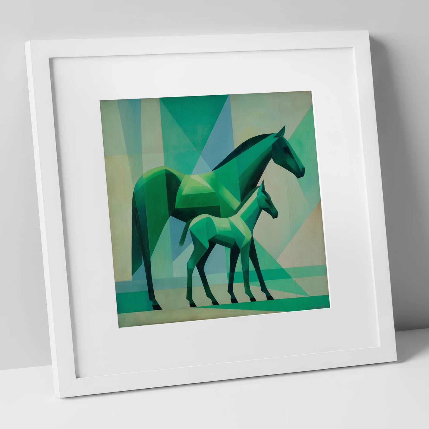 Facets in Emerald mare & foal art print in white frame