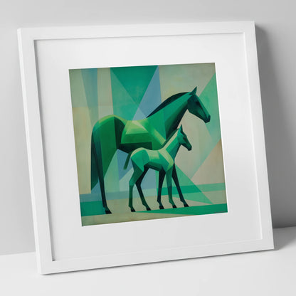 Facets in Emerald mare & foal art print in white frame
