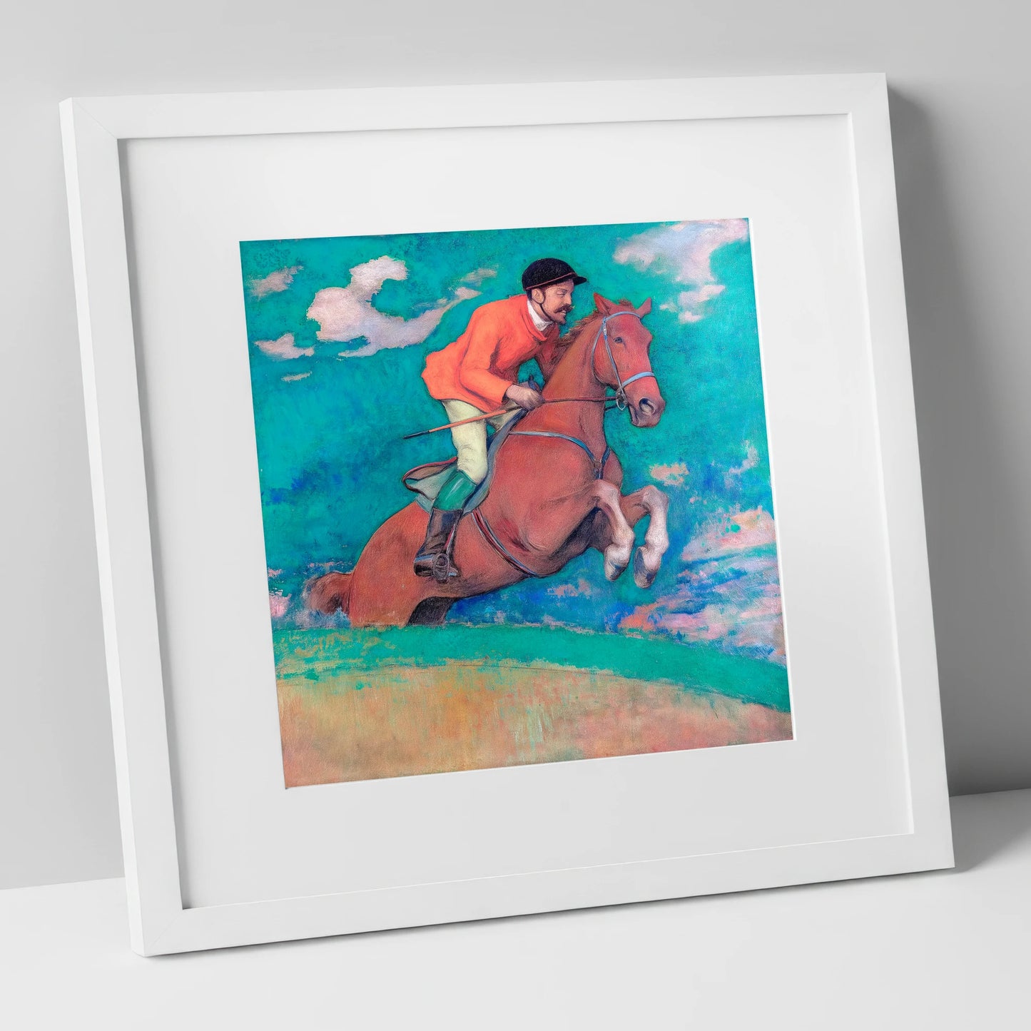 The Crimson Chase racing horse art print in white frame