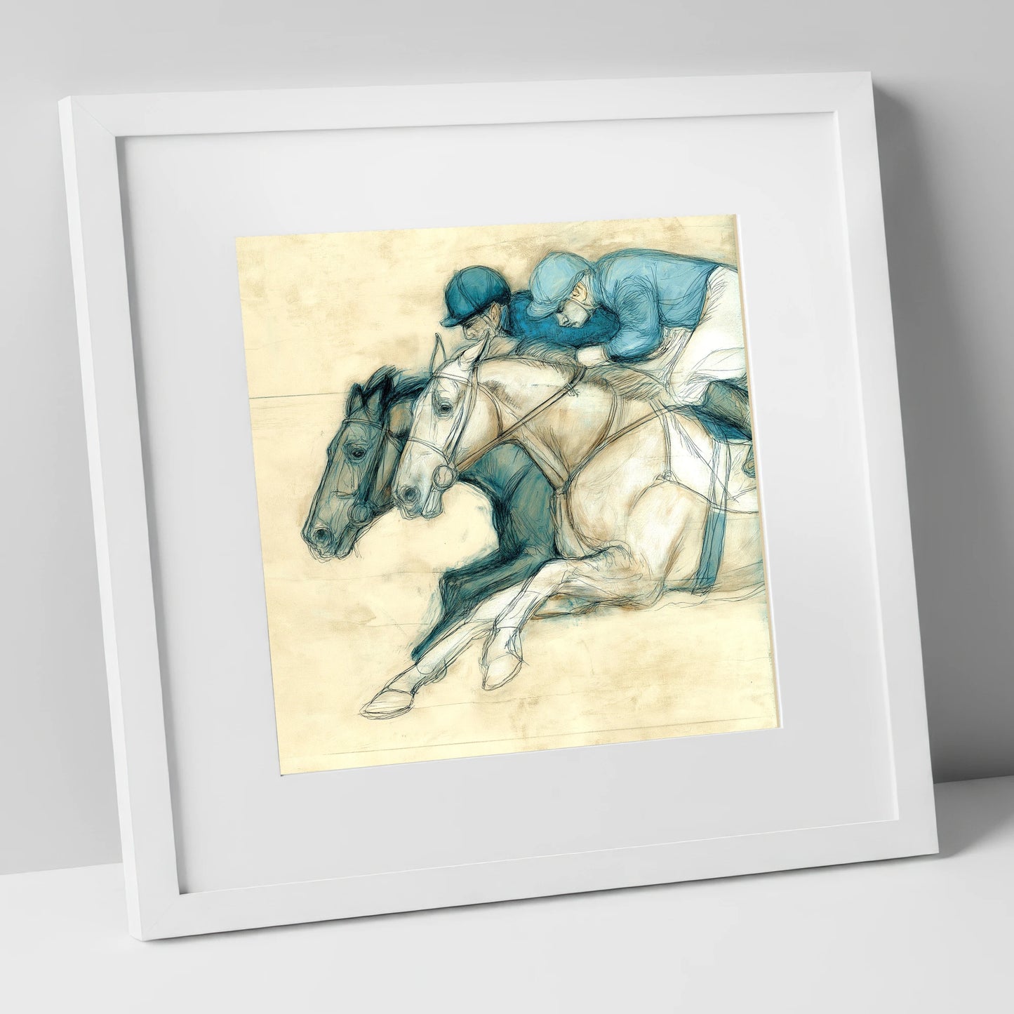 Neck and Neck racing horse art print in white frame