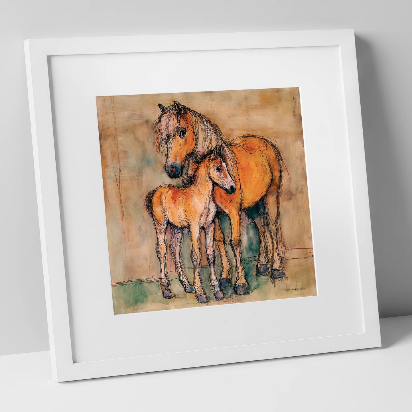Tender Earth Bond mare & foal art print in white frame