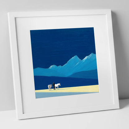 Azure Mountain Solitude horse landscape art print in white frame