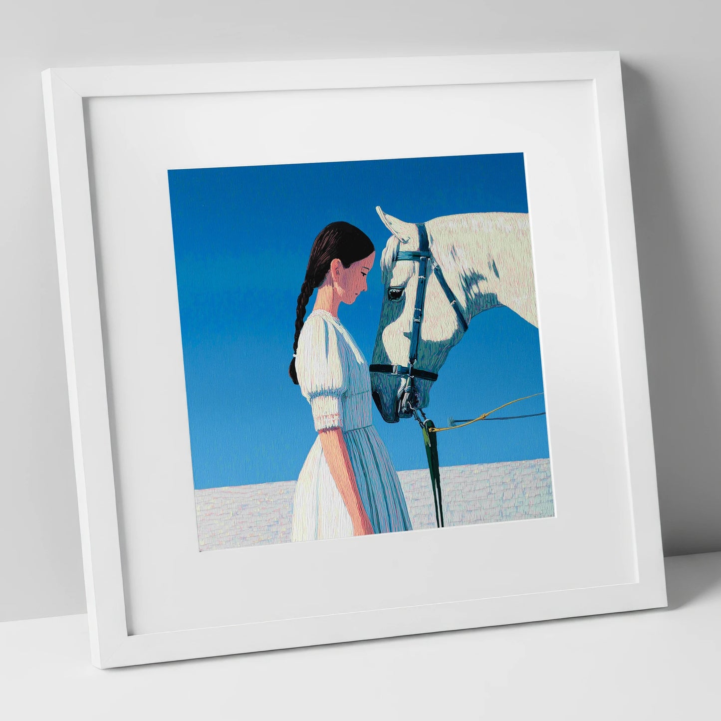 Silent Dialogue horse & rider art print in white frame