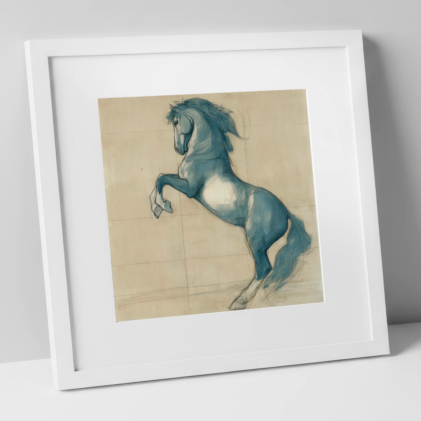 Azure Equine Study horse portrait art print in white frame