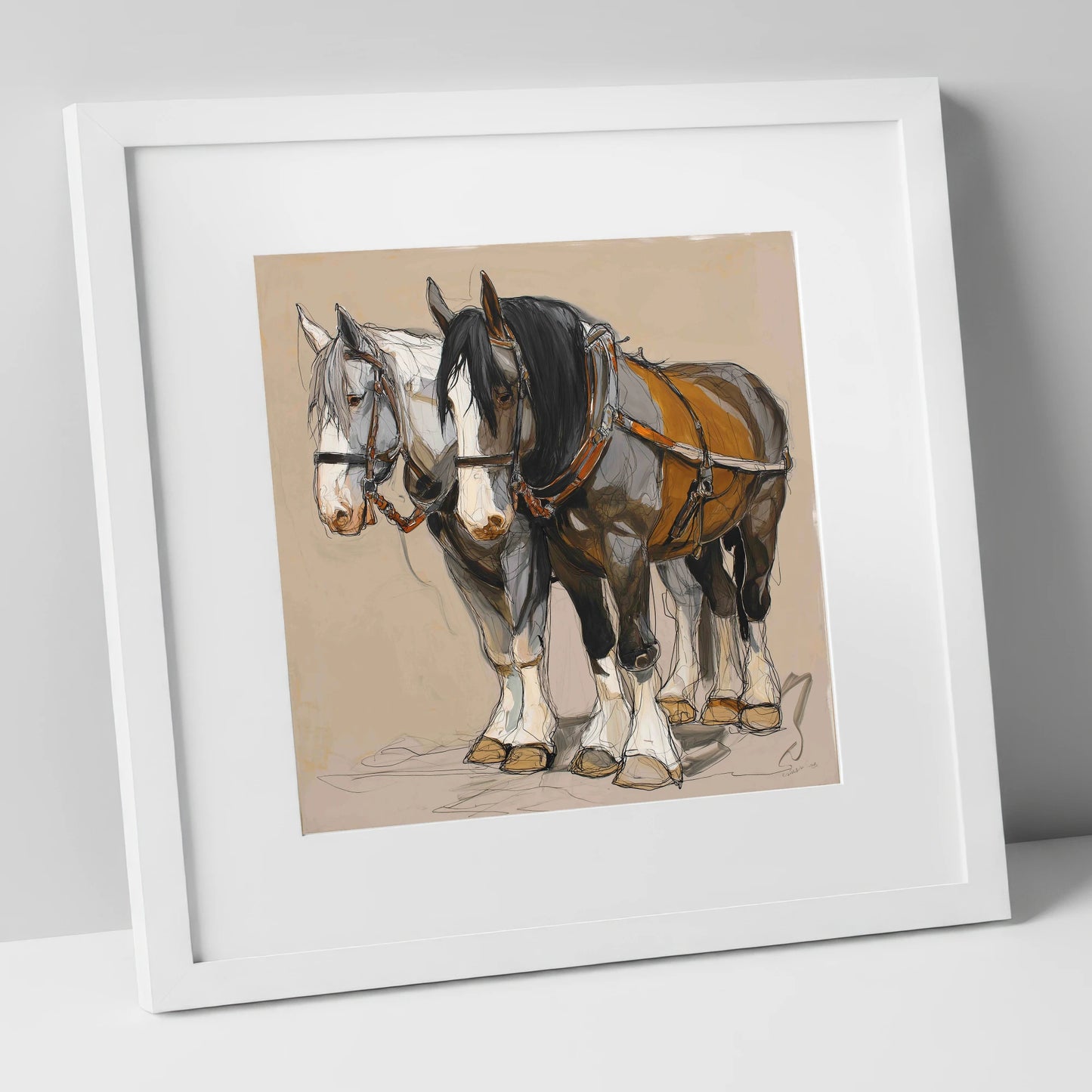 Gentle Giants in Harness horse breed art print in white frame