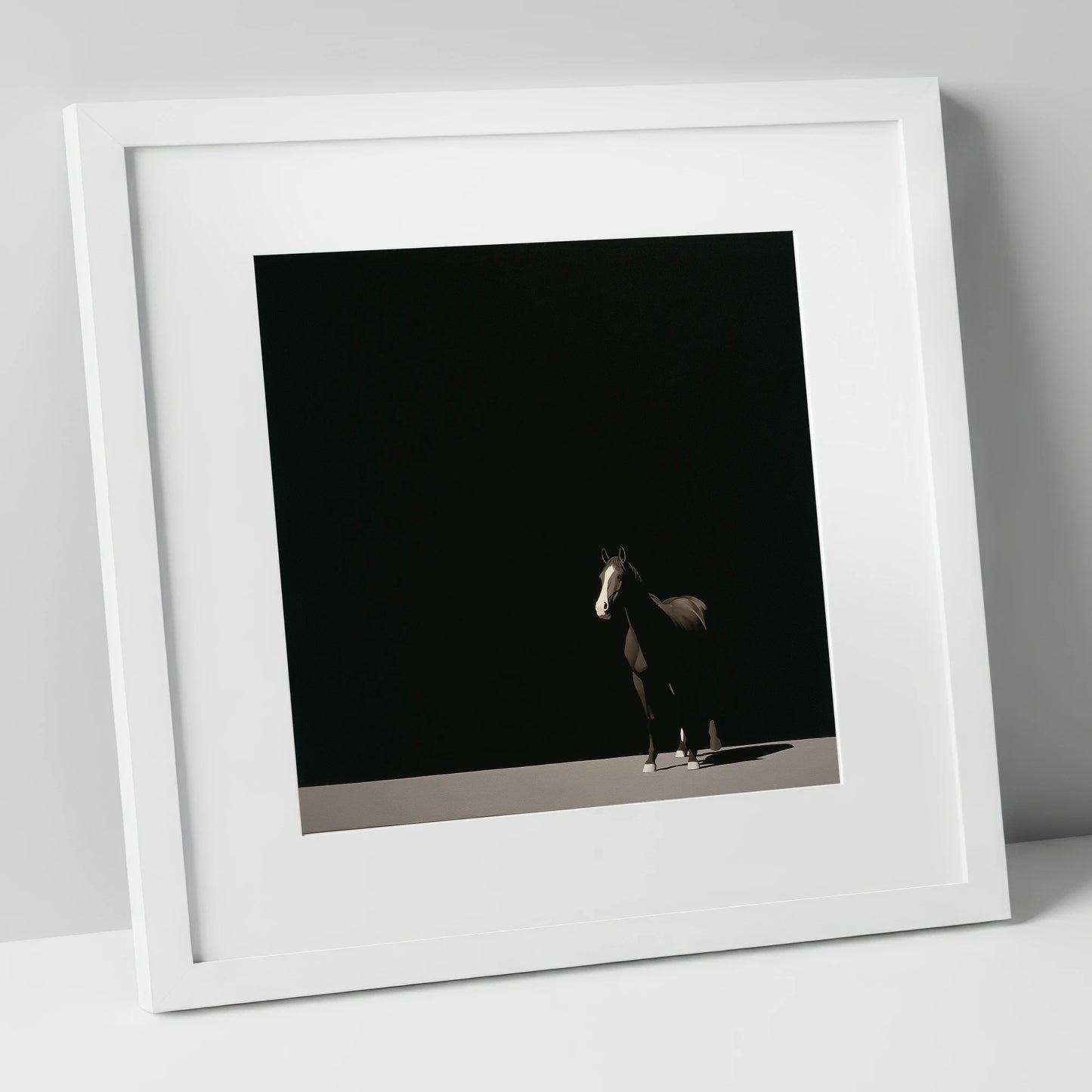 Midnight Solitude horse portrait art print in white frame