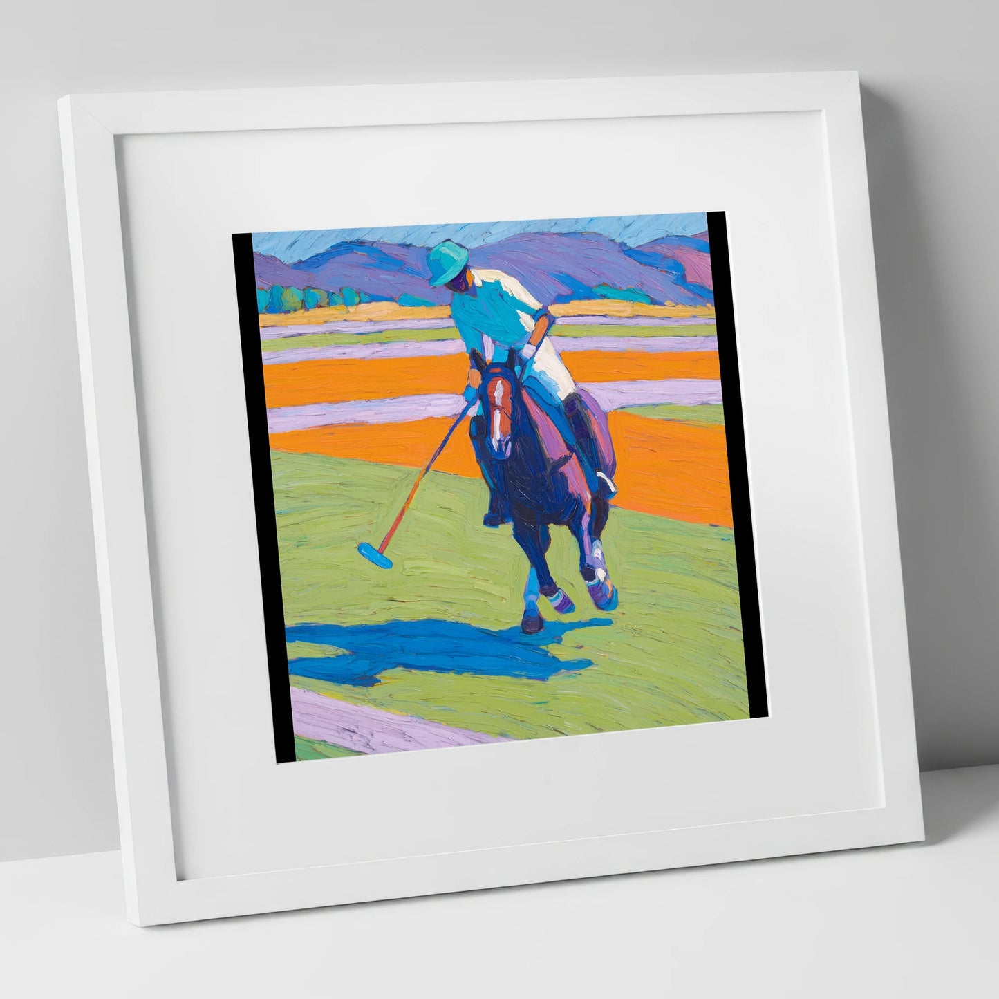 Vivid Chukka polo horse art print in white frame