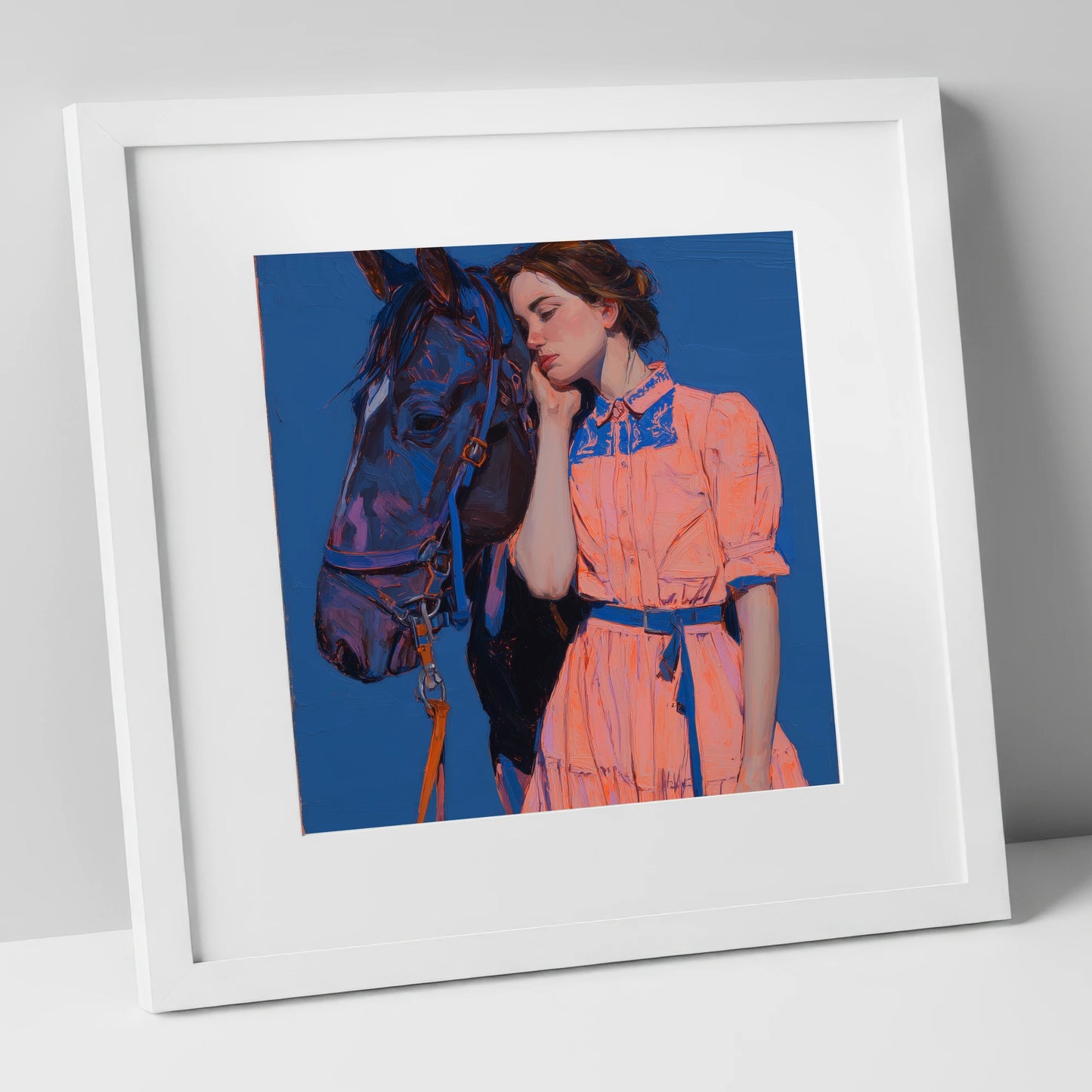 Bold Harmony horse & rider art print in white frame