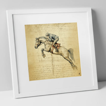 The Scholar's Jump show jumping horse art print in white frame