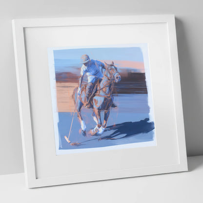 The Cobalt Chukka polo horse art print in white frame