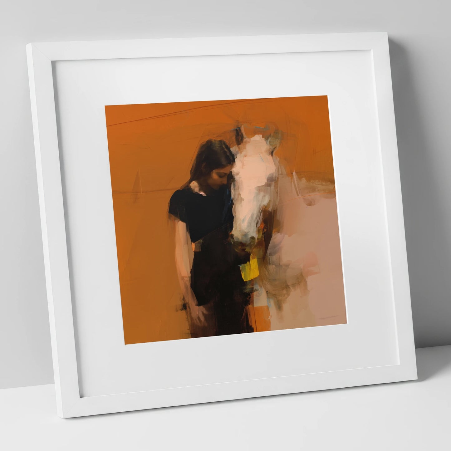 Unspoken Bond horse & rider art print in white frame