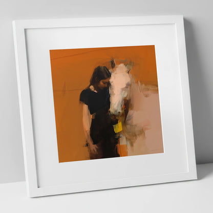 Unspoken Bond horse & rider art print in white frame