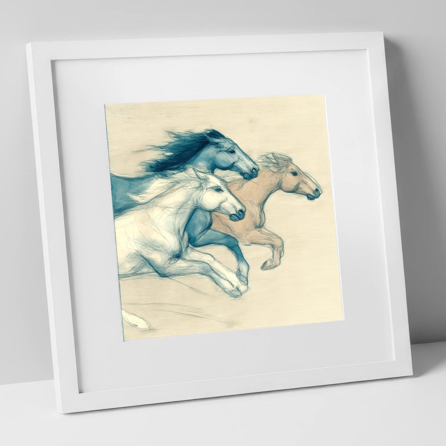 Azure Equine Trio wild horses art print in white frame
