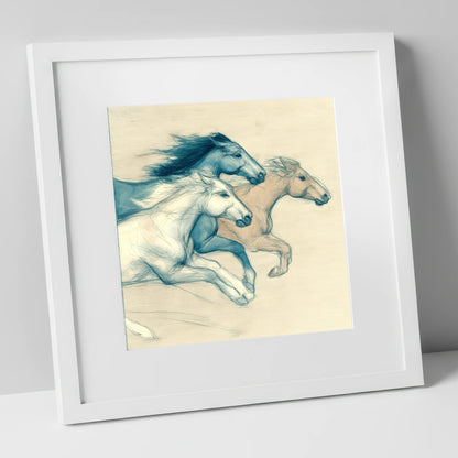 Azure Equine Trio wild horses art print in white frame