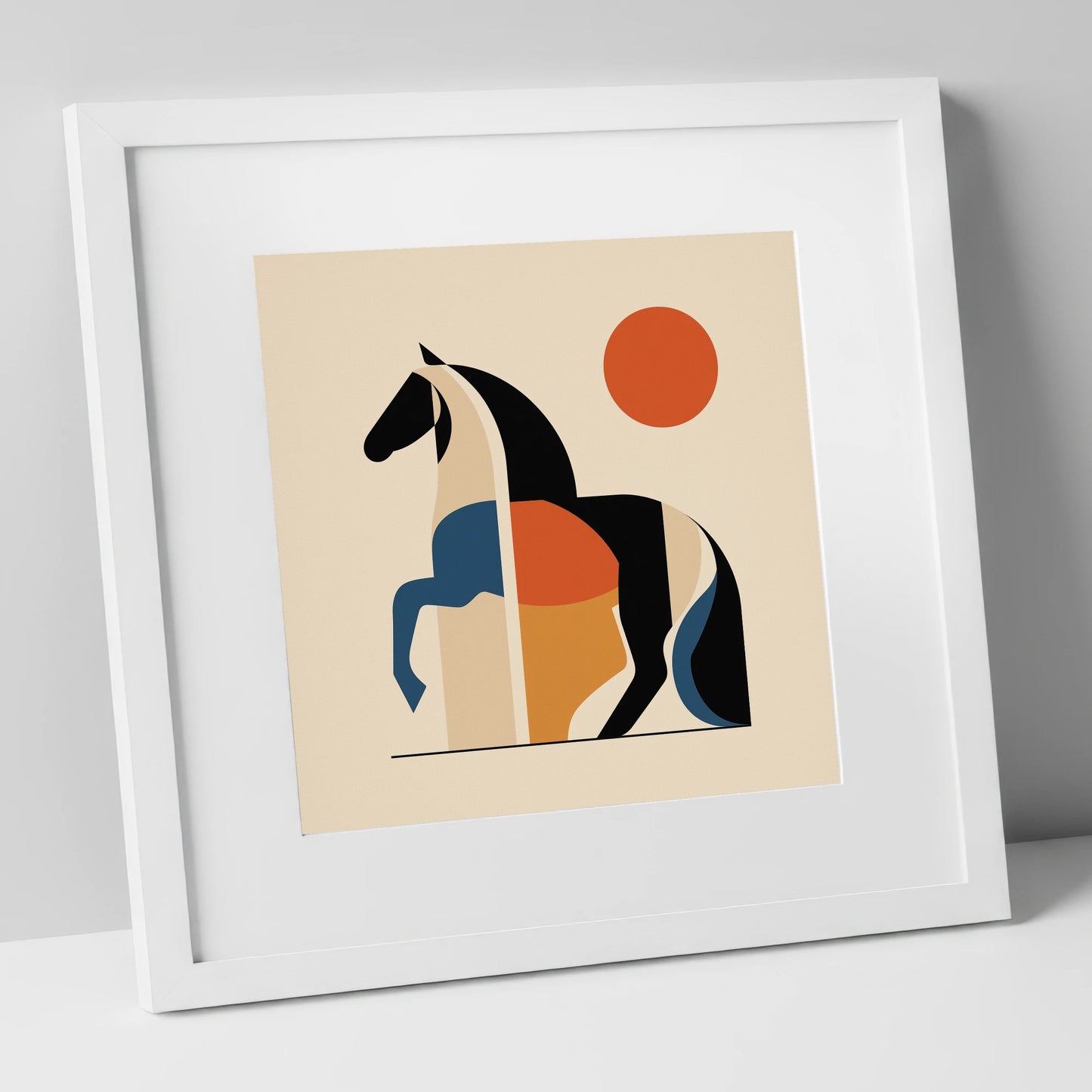 Mid-Century Equine Geometry horse portrait art print in white frame
