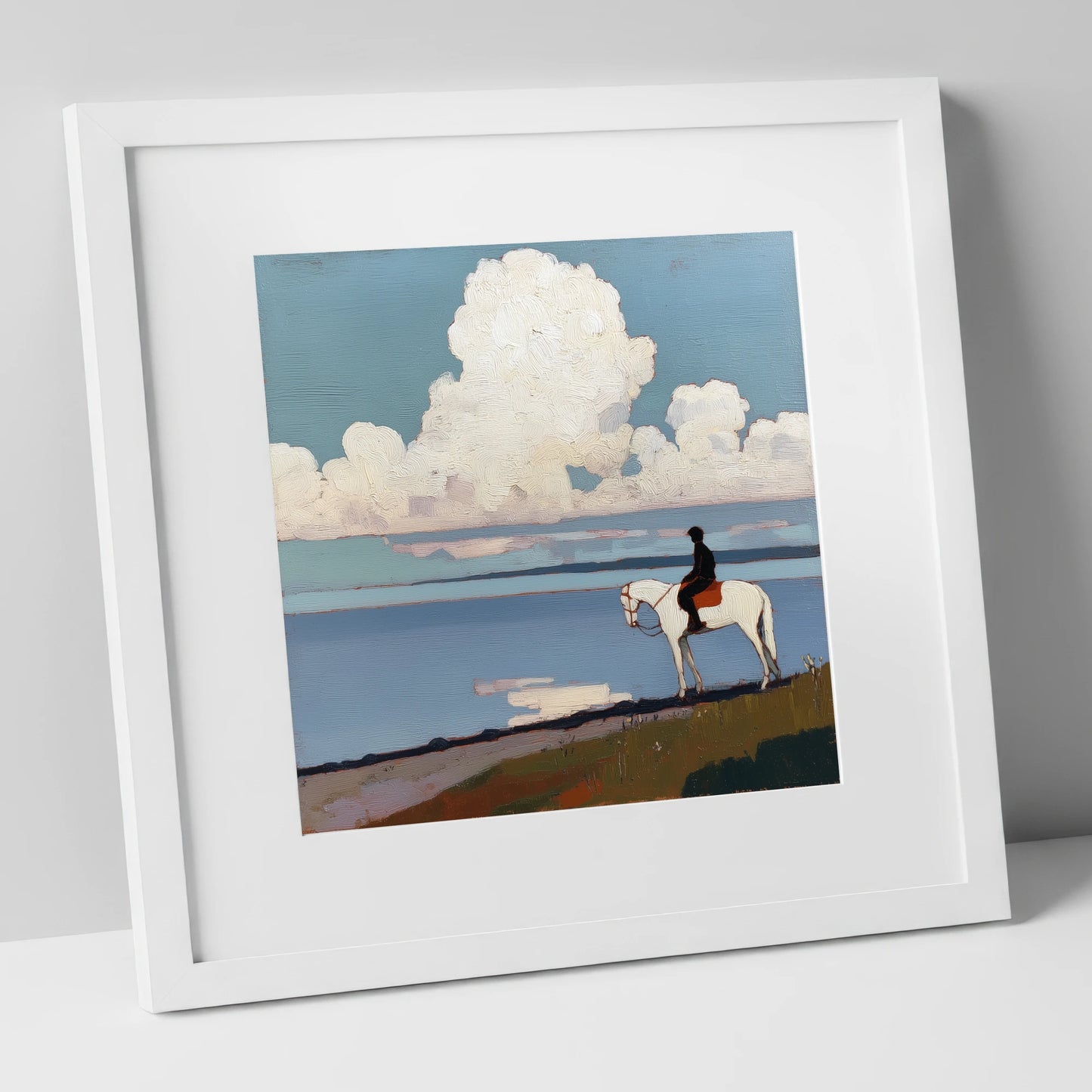 Coastal Contemplation beach horse art print in white frame
