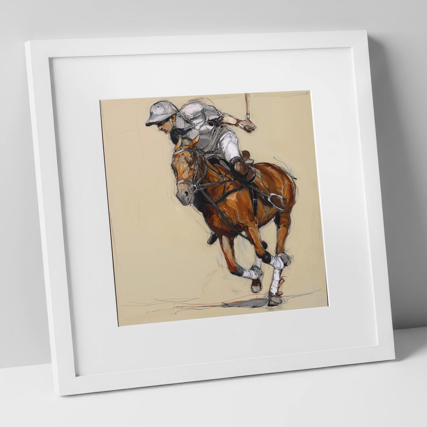 The Decisive Chukka polo horse art print in white frame