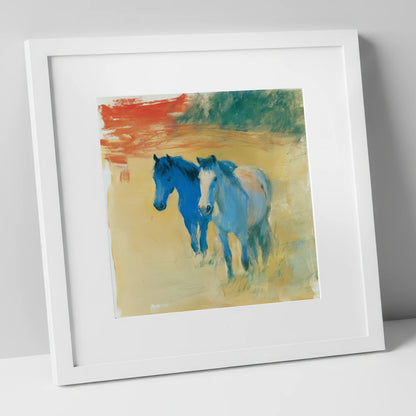 Cobalt Companions horse landscape art print in white frame