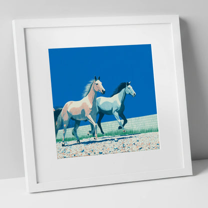 Azure Horizon Strides wild horses art print in white frame