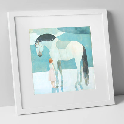 Quiet Trust horse & rider art print in white frame