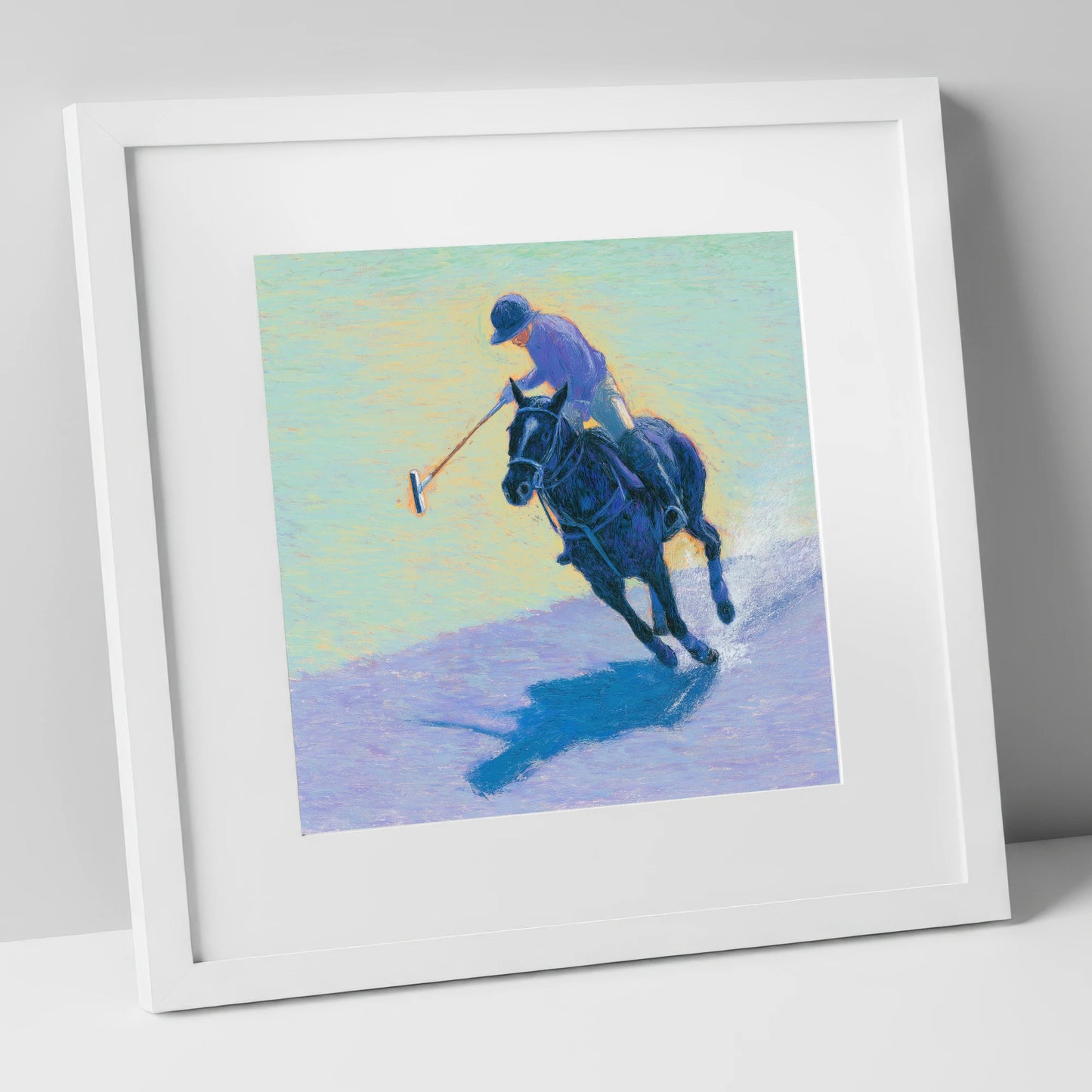 The Indigo Chukka polo horse art print in white frame