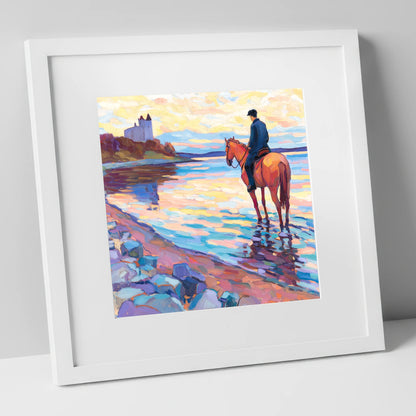 Rider at Castle Bay beach horse art print in white frame