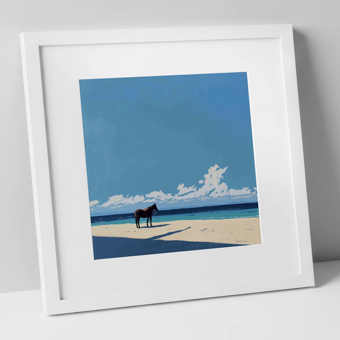 Coastal Contemplation horse landscape art print in white frame