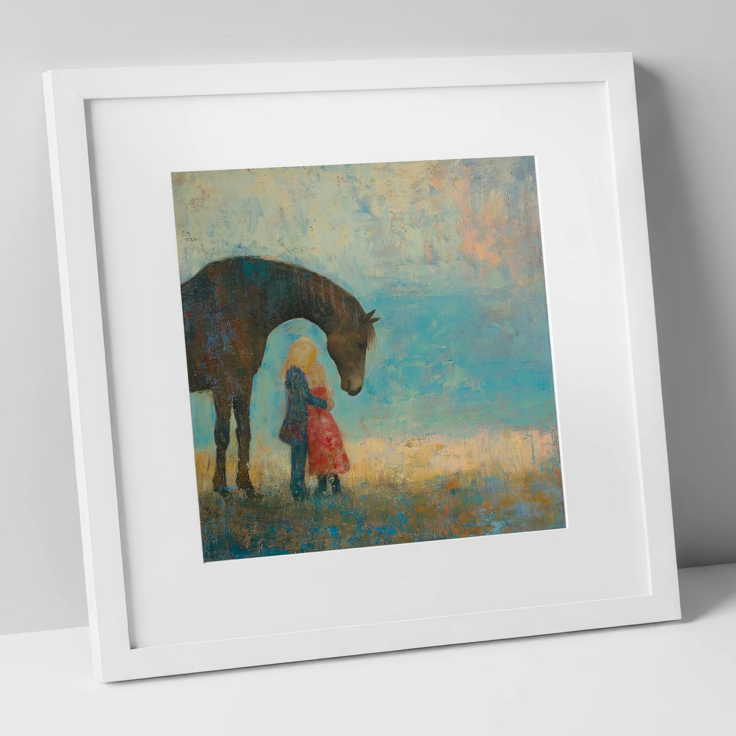 A Quiet Guardian horse & rider art print in white frame