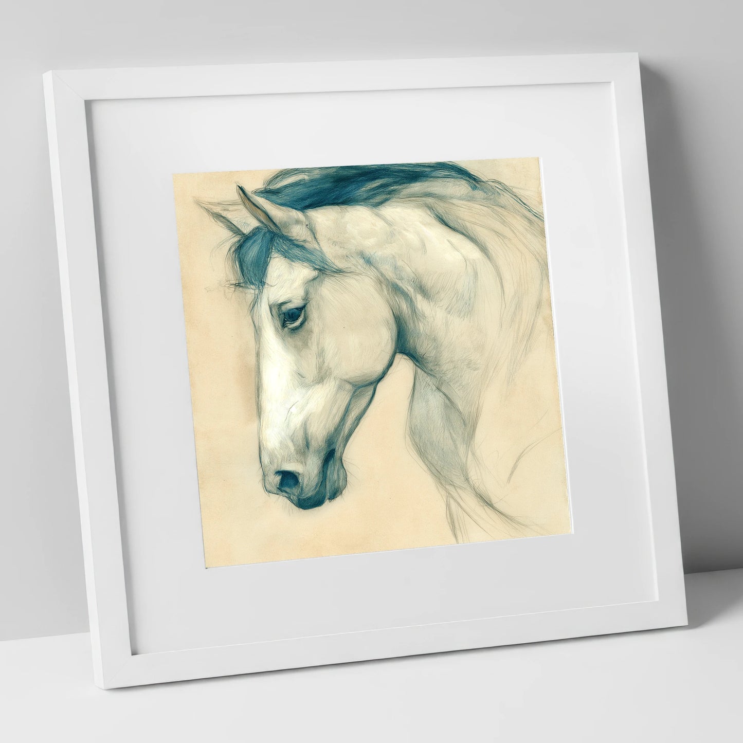 Quiet Grey Profile horse portrait art print in white frame